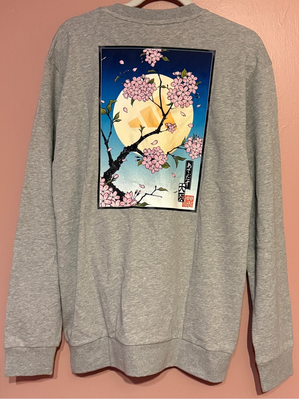 adidas Japan Gray Crewneck Sweatshirt with Sakura Moon Graphic